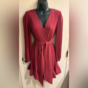 Milly Liv Pleated Belted Mini Dress Long Sleeve Burgundy Size 0